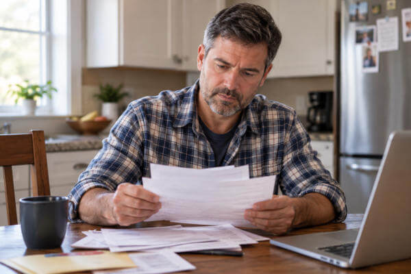 Illinois homeowner reviewing mortgage and foreclosure paperwork at kitchen table