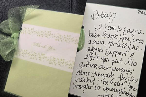 Handwritten thank you card from a happy client in Wood Dale
